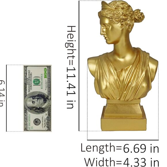 12" Greek Statue Diana Sculpture Décor, Gold Simple Art, Symbol of Good Luck - Picture 4 of 14